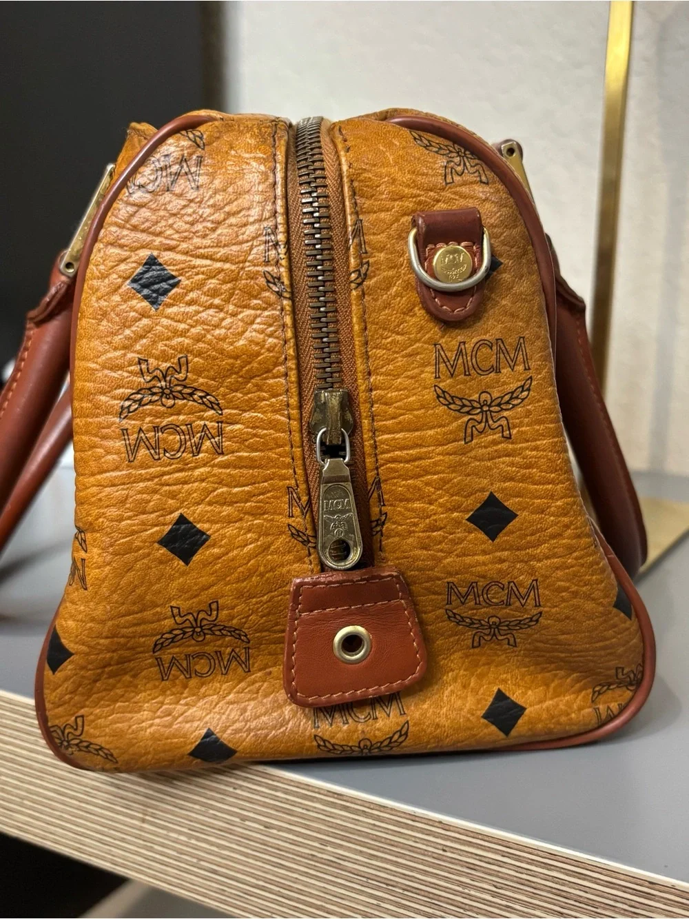 MCM Cognac Visetos Boston Satchel with Dark Brown Handles